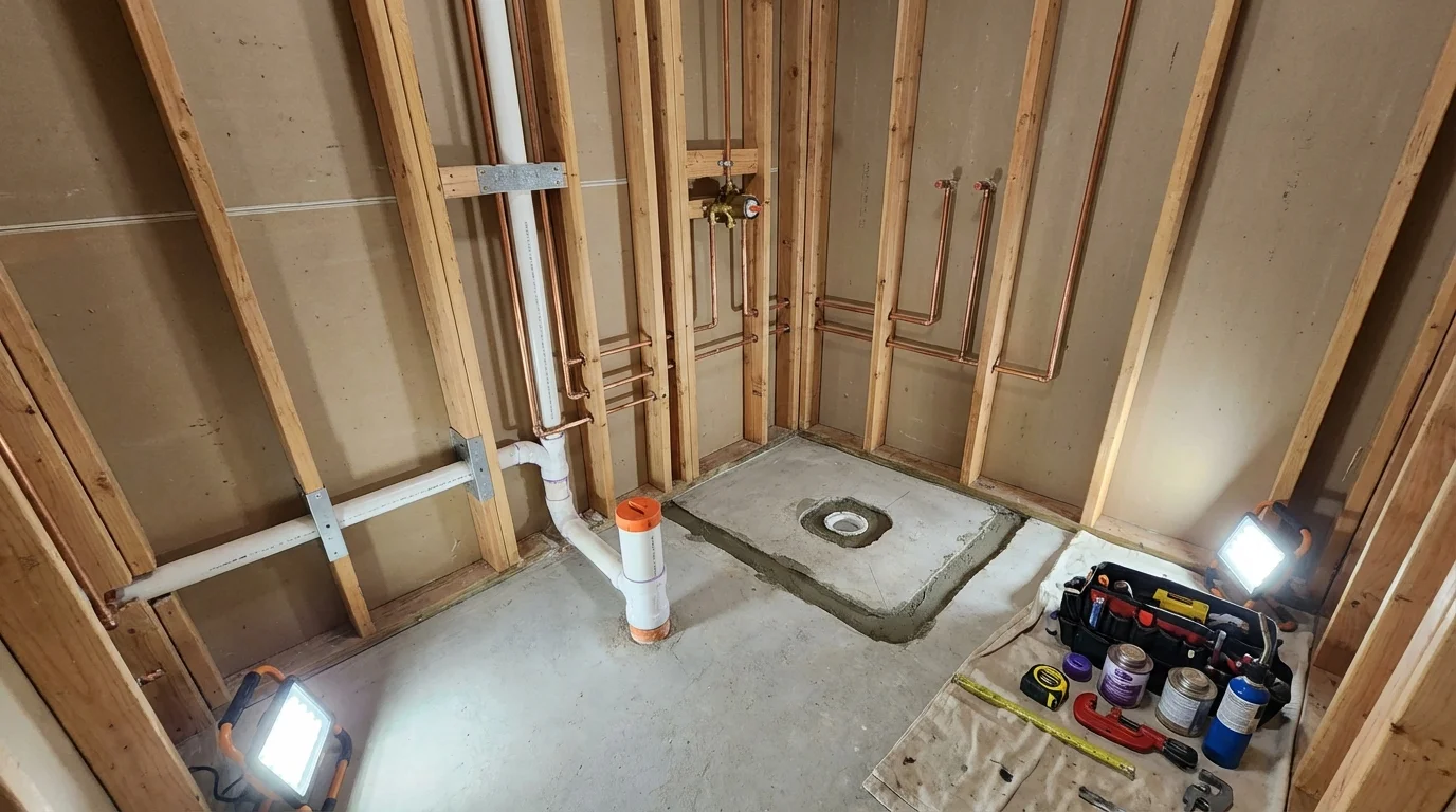 Bathroom rough-in plumbing during remodel by Johns Plumbing LLC in Pleasant Hill