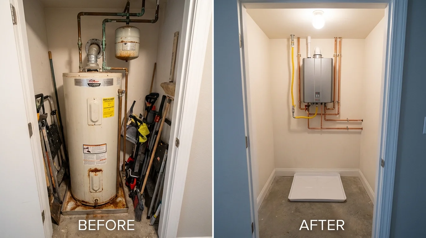 Tank water heater versus wall-mounted tankless unit comparison for Pleasant Hill, CA homeowners