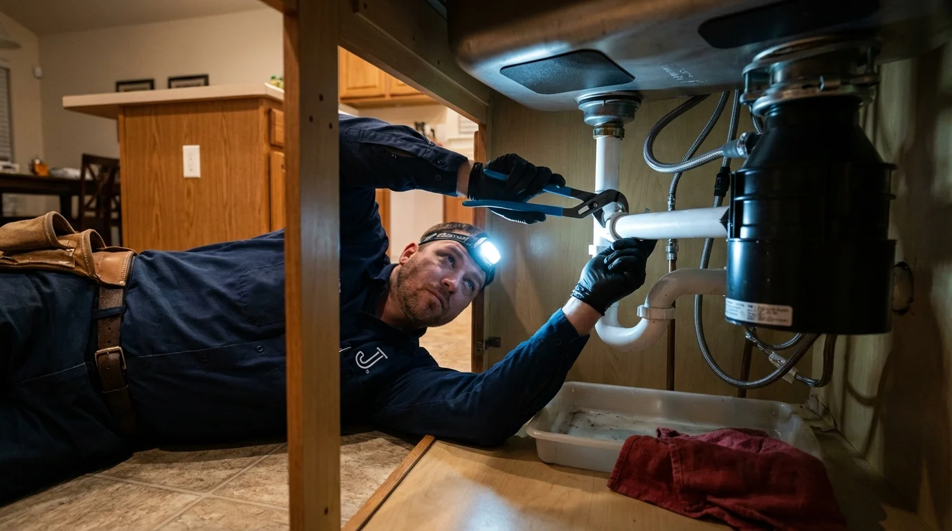 P-trap and supply line connections under a kitchen sink showing a common leak point in Pleasant Hill, CA
